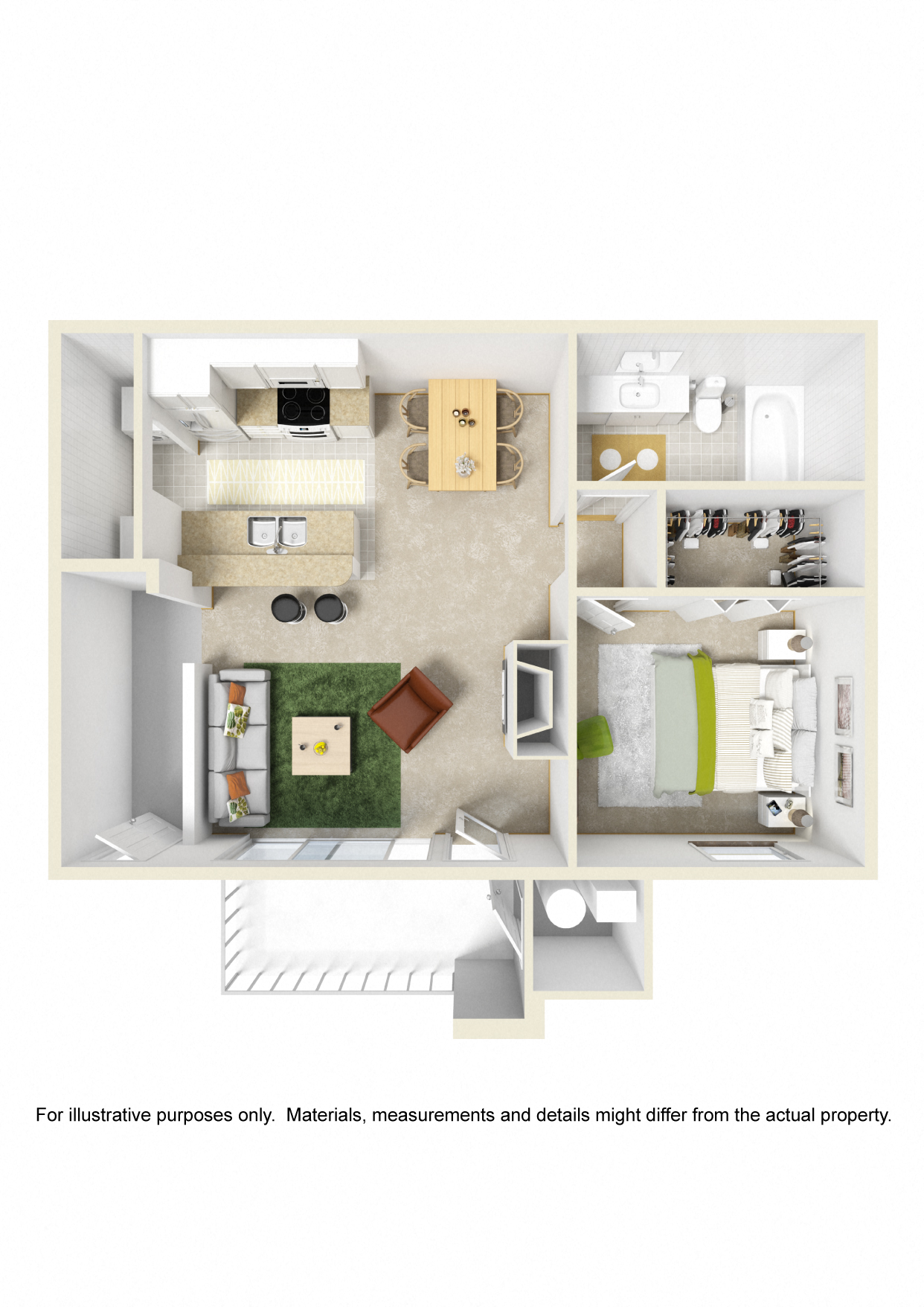 Floor plan for 1 bed, 1 bath, 700 sqft